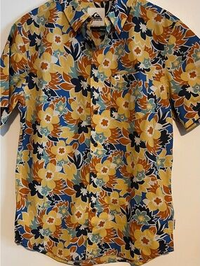 Quiksilver Men’s Floral Button-Up Shirt in Yellow, Blue & Brown